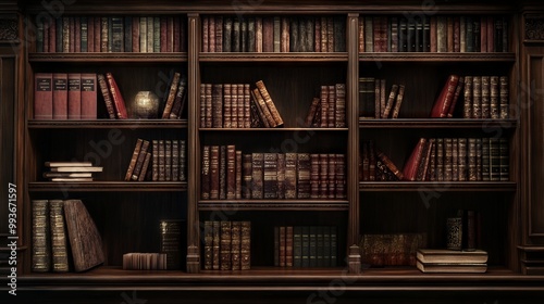 Classical Wooden Bookcase Filled with Books Against Dark Background. AI generated illustration