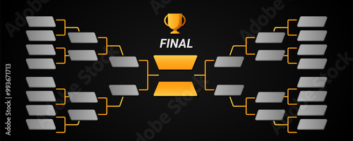 Tournament chart structure with golden cup and gray squares. Sport leadership bracket. Versus frame for competition.