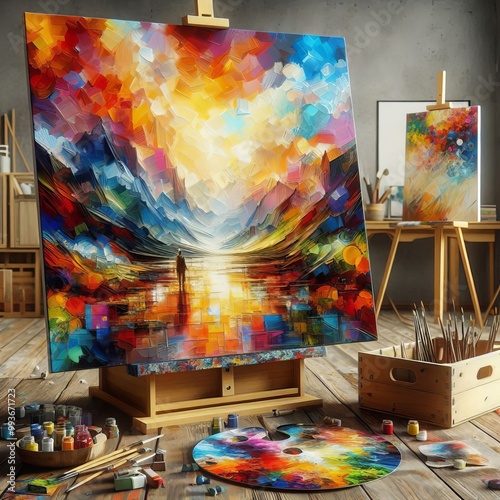 An abstract painting of a sunset over a mountain landscape, glowing with vibrant colors, sits on an easel in an art-filled studio. Paint tubes, brushes, and palettes surround the creative workspace