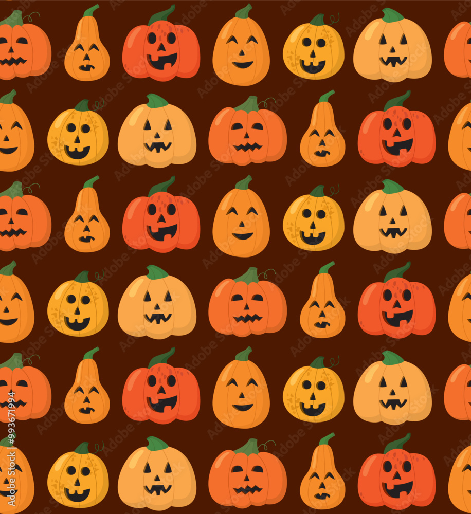 Seamless pattern with halloween pumpkins with carved faces. Colorful autumn background Seamless pattern with halloween pumpkins with carved faces. Colorful autumn background