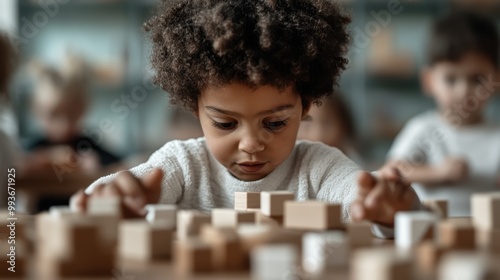 A child, focused and deep in thought, carefully constructs with wooden blocks. Imagination and concentration are observed in a vibrant classroom environment. photo