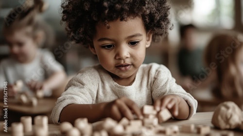 A child engrossed in building with wooden blocks reflects creativity, focus, and joy in a nurturing classroom environment filled with learning opportunities and warmth. photo