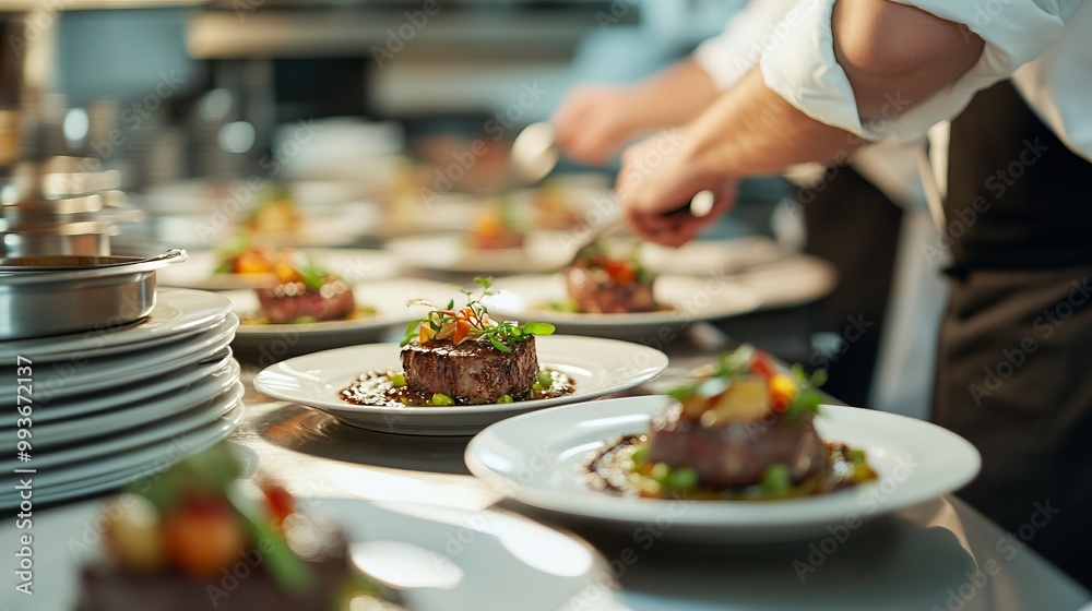 Chef Preparing Fine Dining Dish in Restaurant Kitchen. AI generated illustration Chef Preparing Fine Dining Dish in Restaurant Kitchen. AI generated illustration