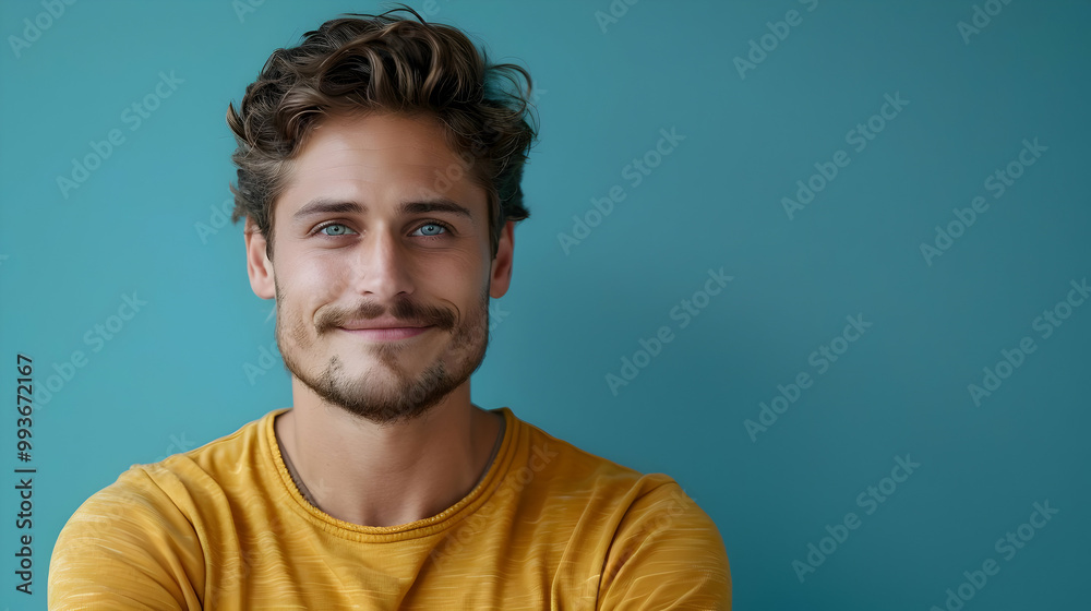 Man Smiles with Confidence in Copy Space, Blue Background Offers Creative Freedom Man Smiles with Confidence in Copy Space, Blue Background Offers Creative Freedom