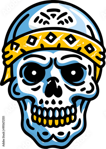 black and white illustration of a skull wearing a bandana the skull is , with deep eye sockets,