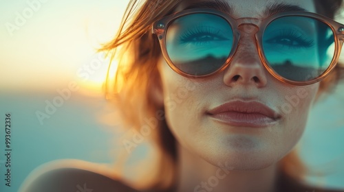 Wallpaper Mural A close-up of a person wearing glasses, bathed in sunset light, with a background of warm hues, highlighting the play of light and shadow on their face and glasses. Torontodigital.ca