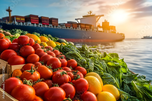 Global Fresh Food produce and cargo ship symbolize global food distribution and International trade photo