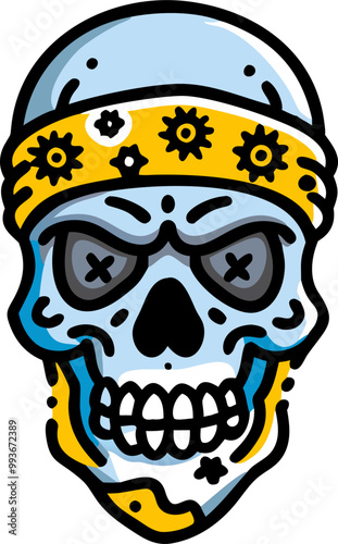 black and white illustration of a skull wearing a bandana the skull is , with deep eye sockets,