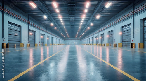 Empty Warehouse Interior With Roll-up Doors - 3D Illustration