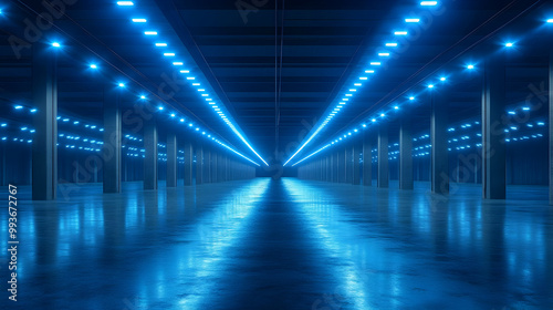 3D Render of Blue Neon Lights in a Dark Corridor