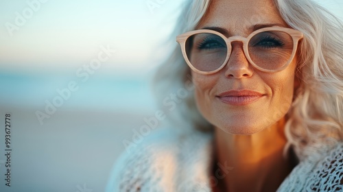 A refined elderly woman in stylish sunglasses smiles gently as the soft hues of a beach sunset reflect off her glasses, enveloping her in warmth and serene beauty. photo