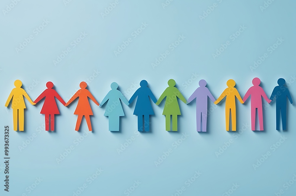 A chain of colorful paper cutouts human holding hands on a blue background A chain of colorful paper cutouts human holding hands on a blue background