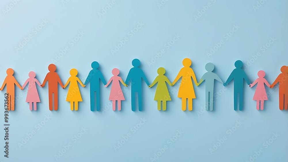 A chain of colorful paper cutouts human holding hands on a blue background A chain of colorful paper cutouts human holding hands on a blue background