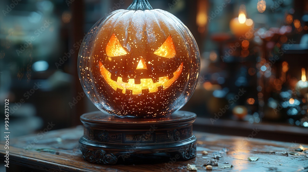 Glowing Halloween Pumpkin on a Rustic Table Glowing Halloween Pumpkin on a Rustic Table