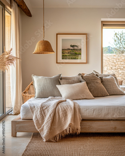 Cozy and inviting bedroom with neutral tones and natural elements featuring a bed adorned with soft pillows and a woven light fixture