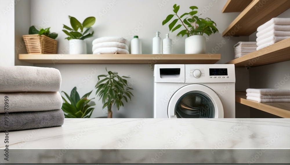 Laundry background countertop for product. Blank tabletop mockup with washing machine. Modern room interior with shelves, towels and plants. washing machine in front of a bathroom Laundry background countertop for product. Blank tabletop mockup with washing machine. Modern room interior with shelves, towels and plants. washing machine in front of a bathroom