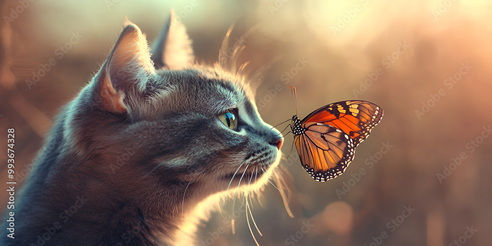 Obraz premium Gray Cat Observing a Butterfly at Sunset