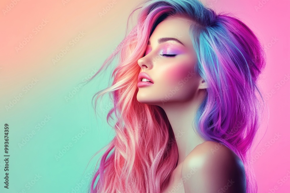 A beautiful woman with colorful hair and pastel makeup, a fashion beauty portrait. A beautiful woman with colorful hair and pastel makeup, a fashion beauty portrait.