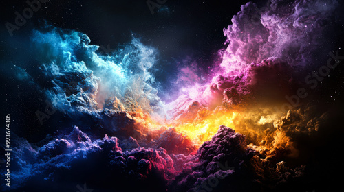 vibrant cosmic scene featuring swirling clouds of colorful gases and stars, evoking sense of wonder and exploration in vast universe