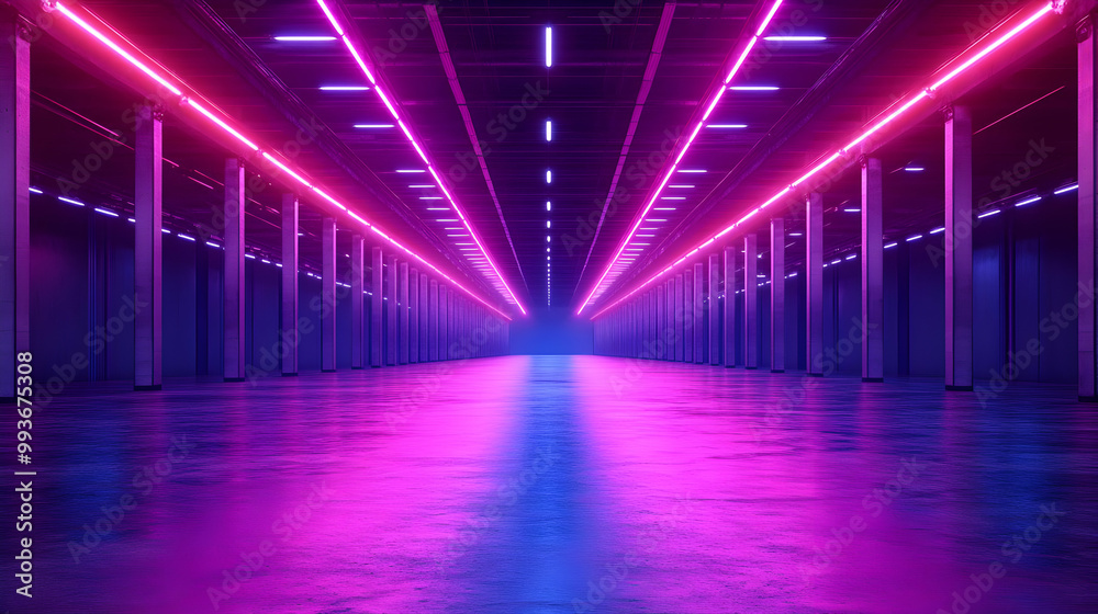 Neon Lights in an Empty Hallway 3D Illustration Neon Lights in an Empty Hallway 3D Illustration