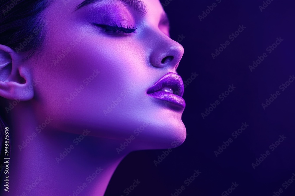 A beautiful woman with purple makeup isolated on a dark violet background. A beautiful woman with purple makeup isolated on a dark violet background.