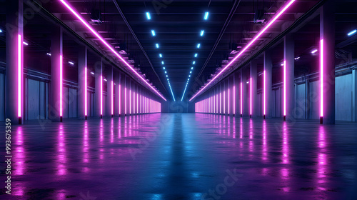 Neon Lights Reflecting in Wet Concrete Floor - 3D Illustration