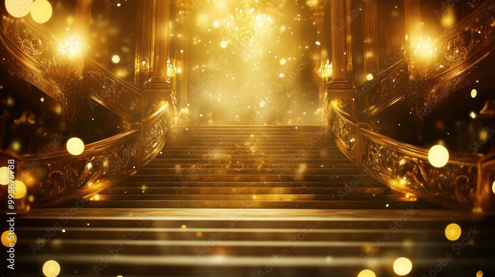 Obraz premium A grand staircase illuminated by golden light, creating a magical atmosphere.