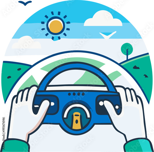 drivers point of view, showing hands driving the steering wheel and windscreen showing a sunny