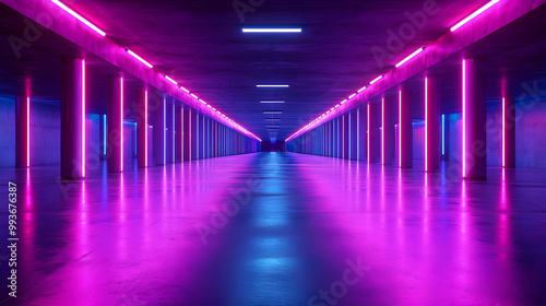 Neon Lights in a Concrete Tunnel 3D Illustration