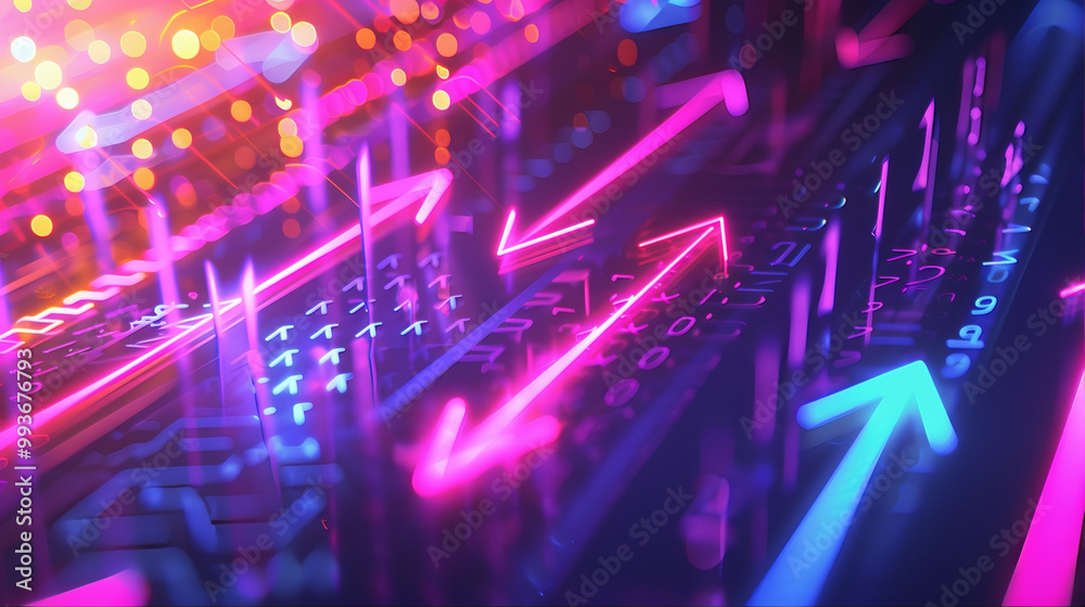 Digital technology binary code arrow grid neon trails motion concept 