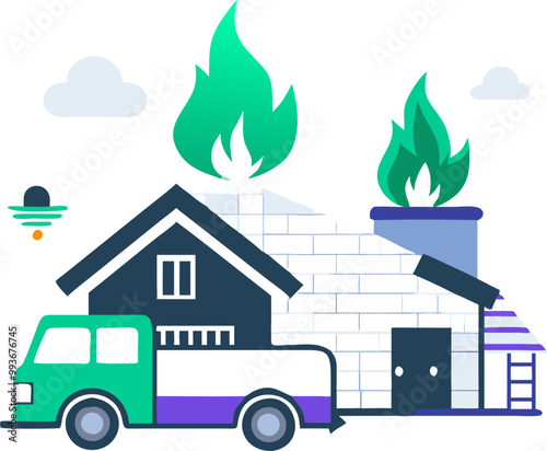 a house being on fire and a firetruck with waterputting it out, icon