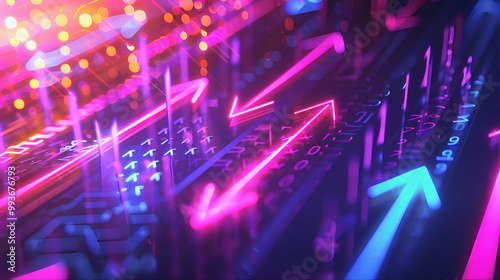 Digital technology binary code arrow grid neon trails motion concept 