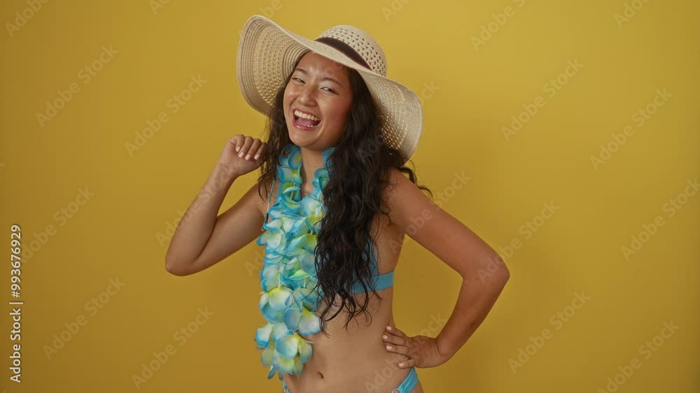 Summer celebration, young chinese woman in hat and hawaiian lei screaming for success and happiness, excited winner over yellow background Summer celebration, young chinese woman in hat and hawaiian lei screaming for success and happiness, excited winner over yellow background