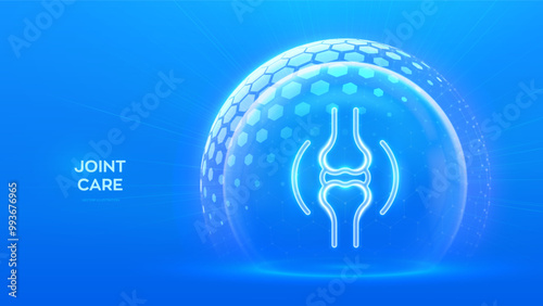 Joint care and protection. Healthy Joint medical concept. Joint anatomy icon inside protection sphere shield with hexagon pattern on blue background. Damage, arthritis treatment. Vector illustration.