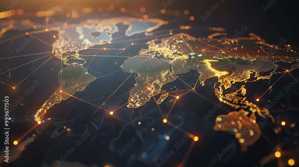 Fototapeta premium Digital world map with binary code supply chain, cybersecurity threat, International business pin, transport logistics, world map GPS pins, Global import export, freight transportation tracking