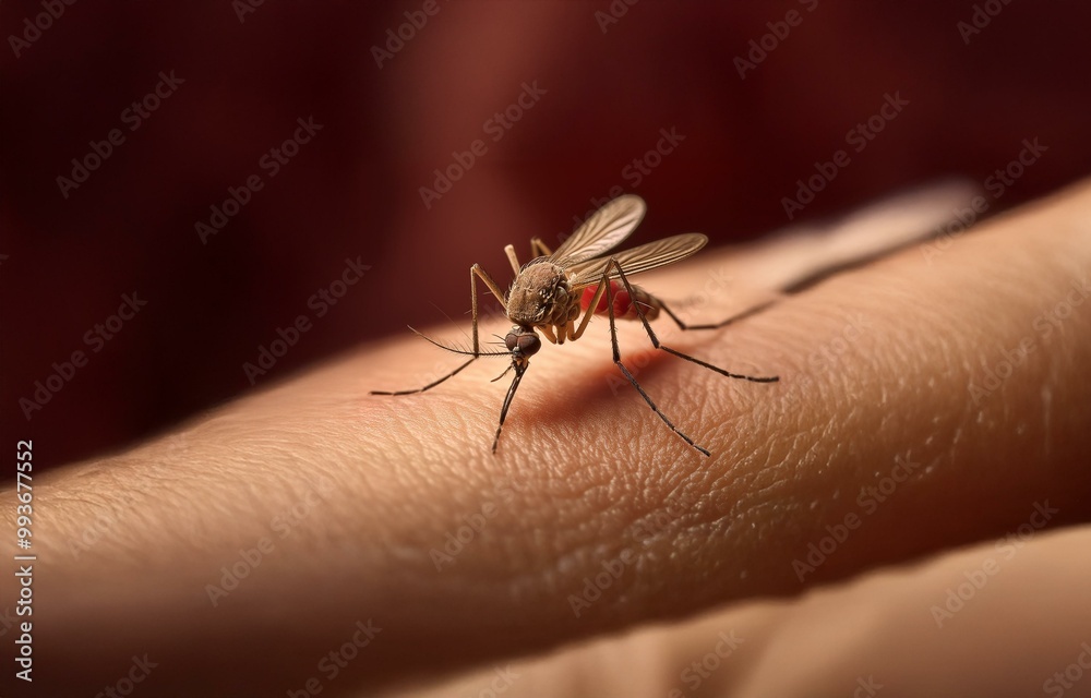 A close-up of a mosquito biting a person's arm, showing the insect's intricate anatomy and the skin's texture. A close-up of a mosquito biting a person's arm, showing the insect's intricate anatomy and the skin's texture.
