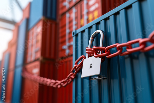 Securely locked shipping containers with prominent padlock and chain, symbolizing safety and protection in shipping yard. vibrant colors of containers create striking visual contrast