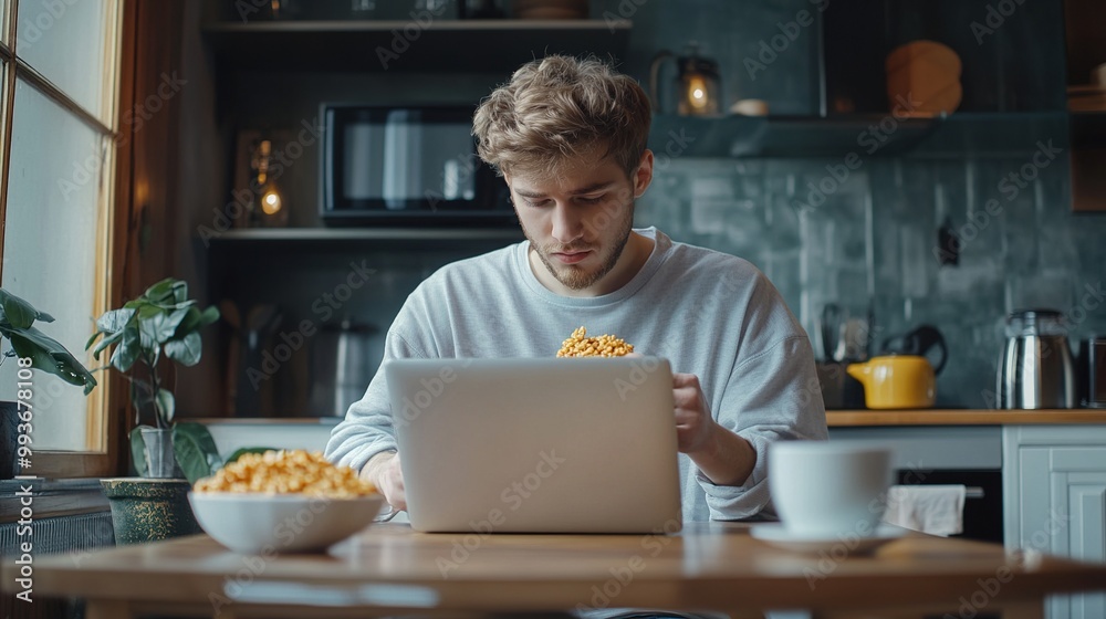 A young man enjoys a bowl of popcorn while working on a laptop in a cozy kitchen setting. A young man enjoys a bowl of popcorn while working on a laptop in a cozy kitchen setting.
