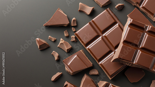 Delicious chocolate pieces scattered on dark surface, showcasing smooth and luxurious textures. Perfect for dessert lovers and culinary enthusiasts