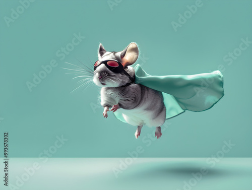 Adorable chinchilla in superhero gear, flying through the air with a mask and cape on. photo