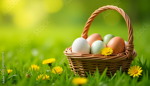 Wallpaper Mural A wicker basket filled with fresh brown chicken eggs, sitting in a grassy field with yellow dandelion flowers in the background Torontodigital.ca