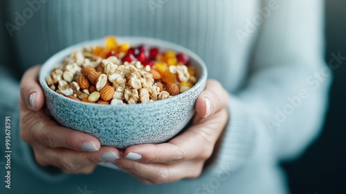 A close-up image of a person holding a bowl of healthy breakfast options, including nuts, grains, and fresh berries, showcasing a nutritious and balanced meal. photo