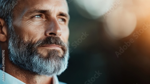 A man with a well-groomed beard and a focused expression is captured in a close-up profile shot. The outdoor setting adds depth to his intense look.