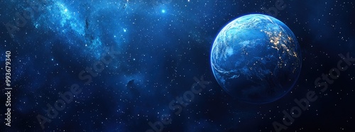 A blue planet in space with stars, blue background, banner format.