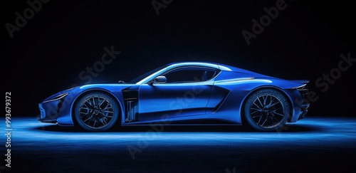 A blue sports car with a black background, in a dark room, side view.