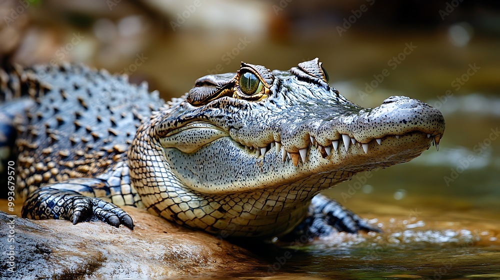A close-up portrait of a young alligator with sharp teeth and green eyes. A close-up portrait of a young alligator with sharp teeth and green eyes.