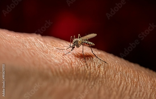 A close-up view of a mosquito on human skin, its long legs and transparent wings clearly visible.