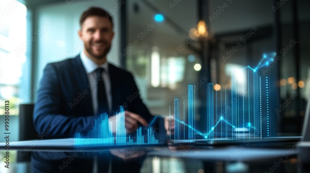 A businessman presenting a 3D bar chart in a modern office, with data bars floating above the table, emphasizing growth and success in business performance