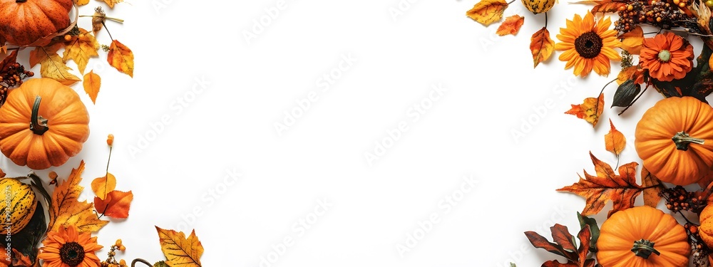 A white background with a fall-themed border made of pumpkins, leaves, and sunflowers on the right side