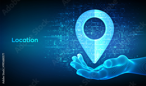 Point of location icon made with binary code in wireframe hand. Pointer of map. Gps pointer. Navigation pin point global position system symbol. Digital background with digits 1.0. Vector Illustration